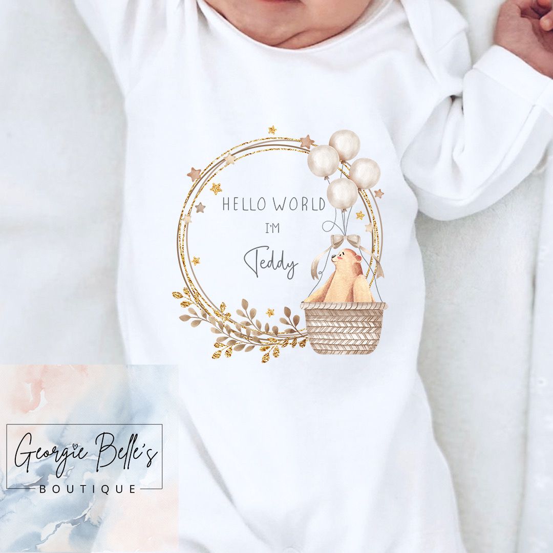 Personalised Vest/Babygrow - ‘Hello World’ Nude Hot Air Balloon Design