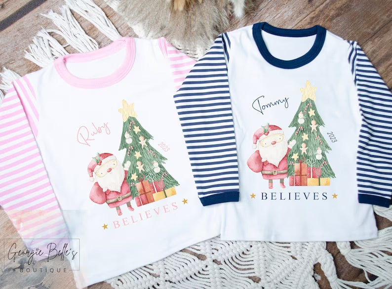 Sibling Matching Pink ‘Believes’ Personalised Christmas Pyjamas