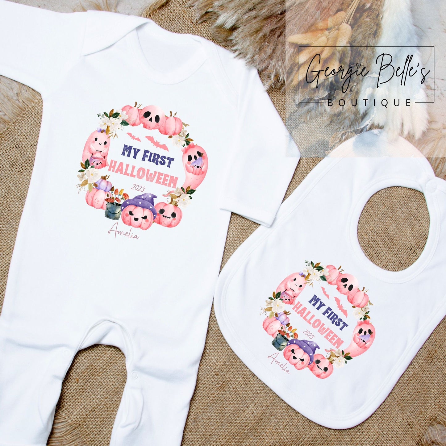 My 1st Halloween Vest / Babygrow - Pink Wreath Design