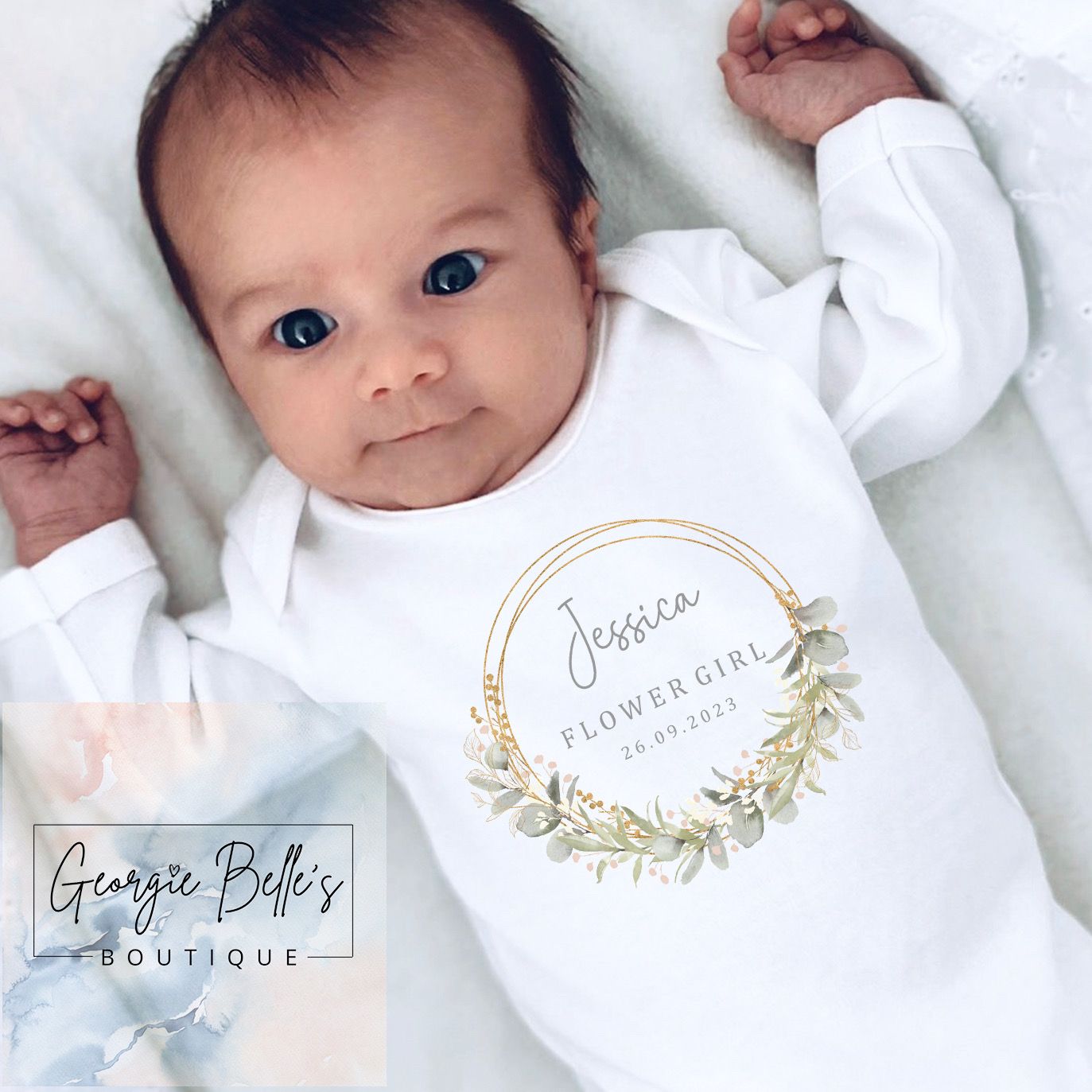 Personalised Flower Girl Eucalyptus Wreath Vest/Babygrow