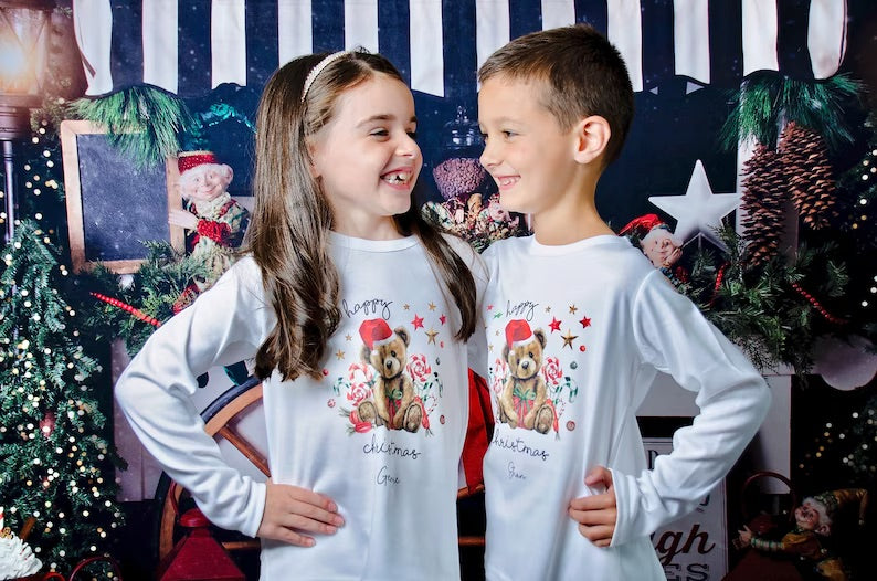 Family Matching Christmas Personalised Unisex Pyjamas - Teddy Bear Design
