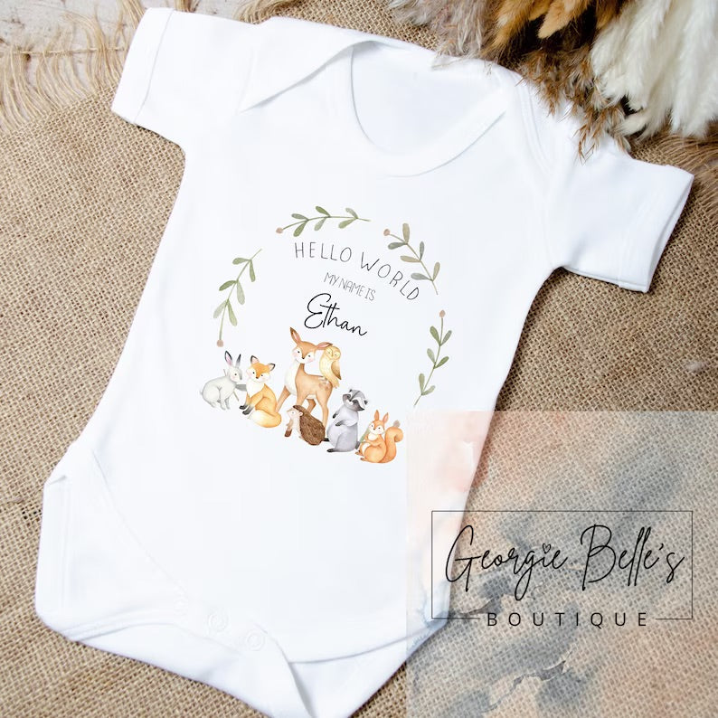 Personalised Vest/Babygrow - ‘Hello World’ Woodland Design