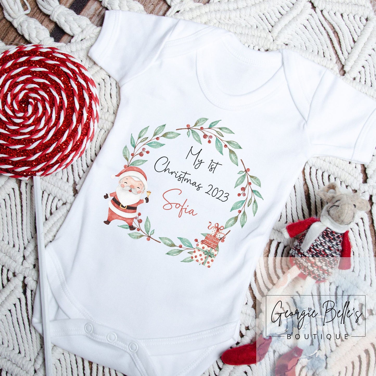 My 1st Christmas Vest / Babygrow - Santa Wreath Design