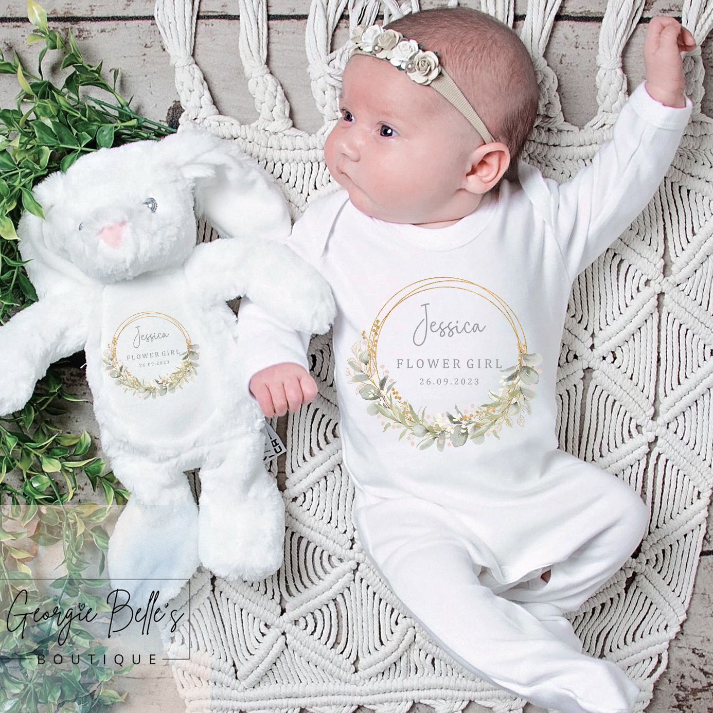 Personalised Flower Girl Eucalyptus Wreath Vest/Babygrow