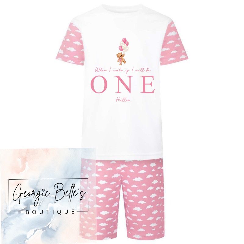 Pink Cloud Print Short PJ Set- Bear Design