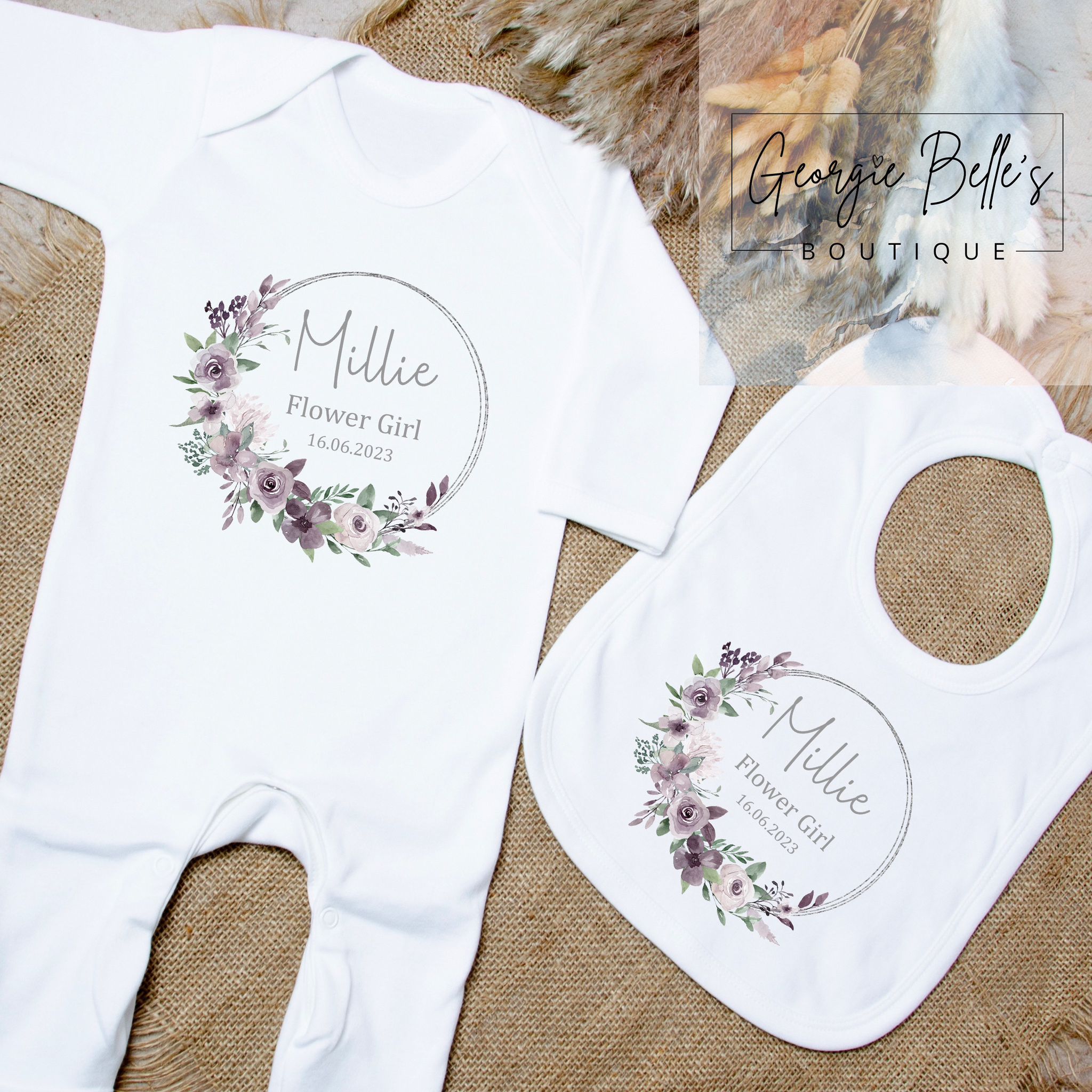 Personalised Flower Girl Mauve Wreath Vest Babygrow