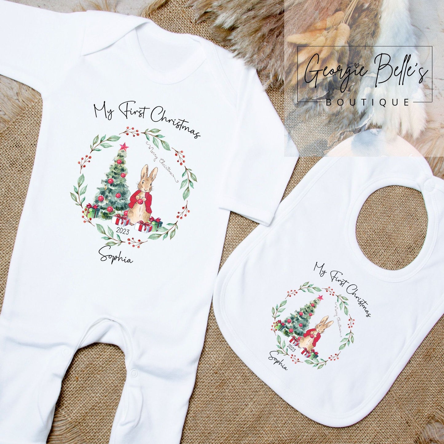 My 1st Christmas Vest / Babygrow - Red Peter Rabbit Inspired Design