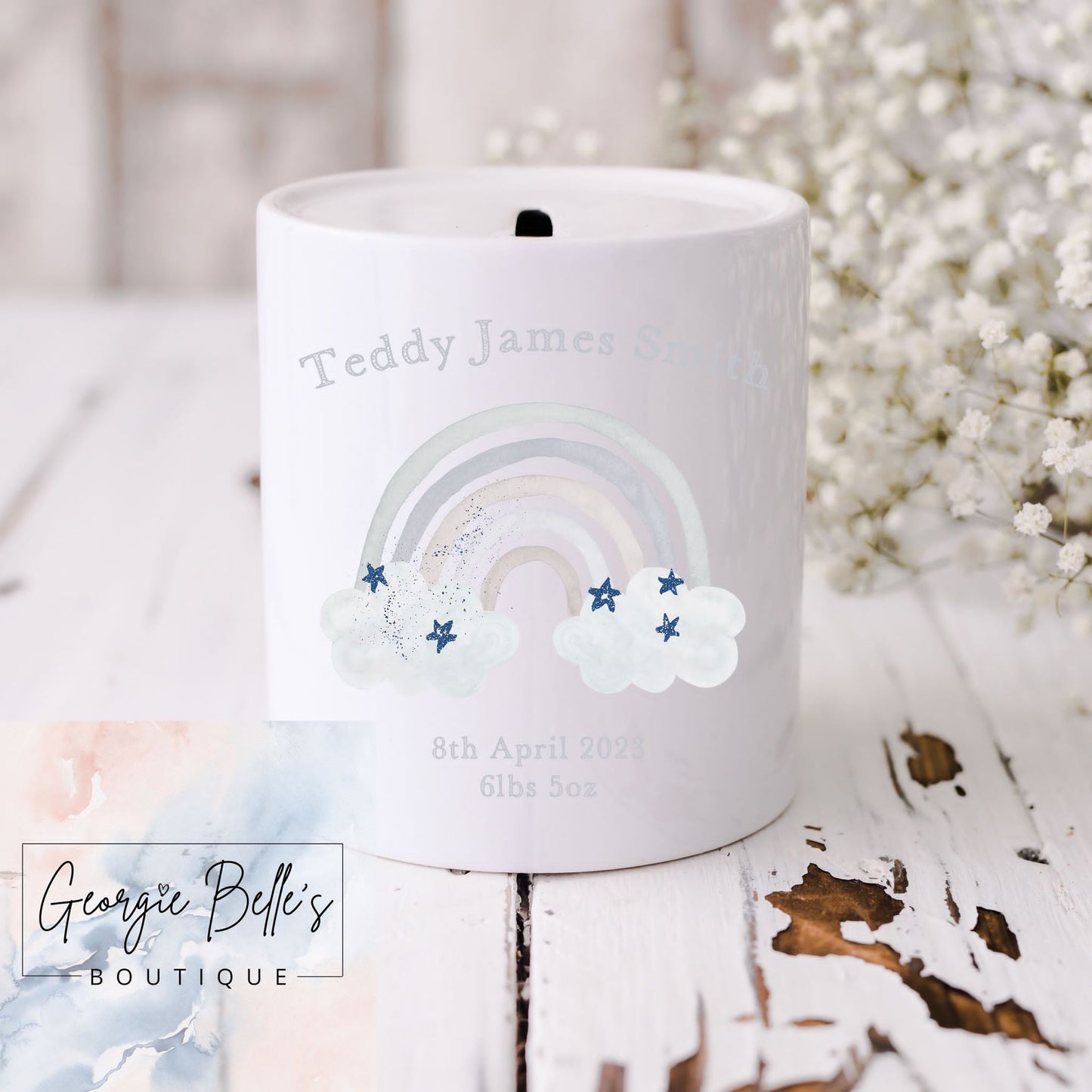 Personalised Vest/Babygrow - Blue & Grey Rainbow Design