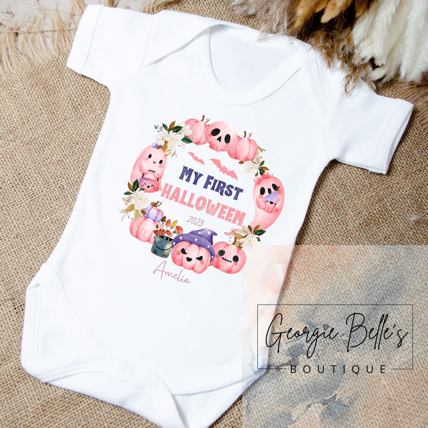 My 1st Halloween Vest / Babygrow - Pink Wreath Design