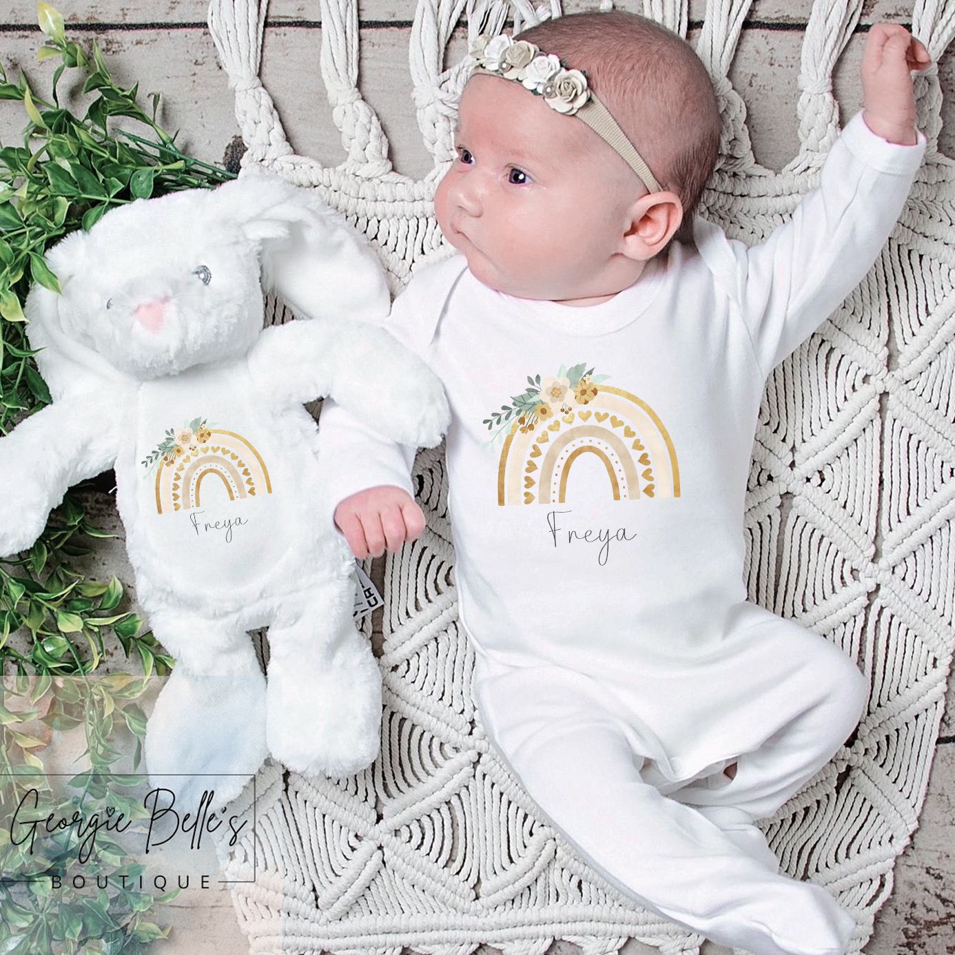 Personalised Vest/Babygrow -Gold Floral Rainbow Design