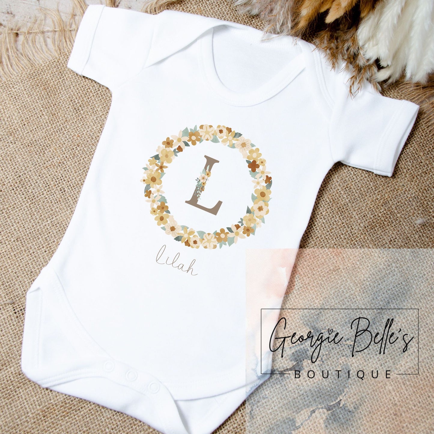 Personalised Vest / Babygrow - Gold Flower Wreath Design