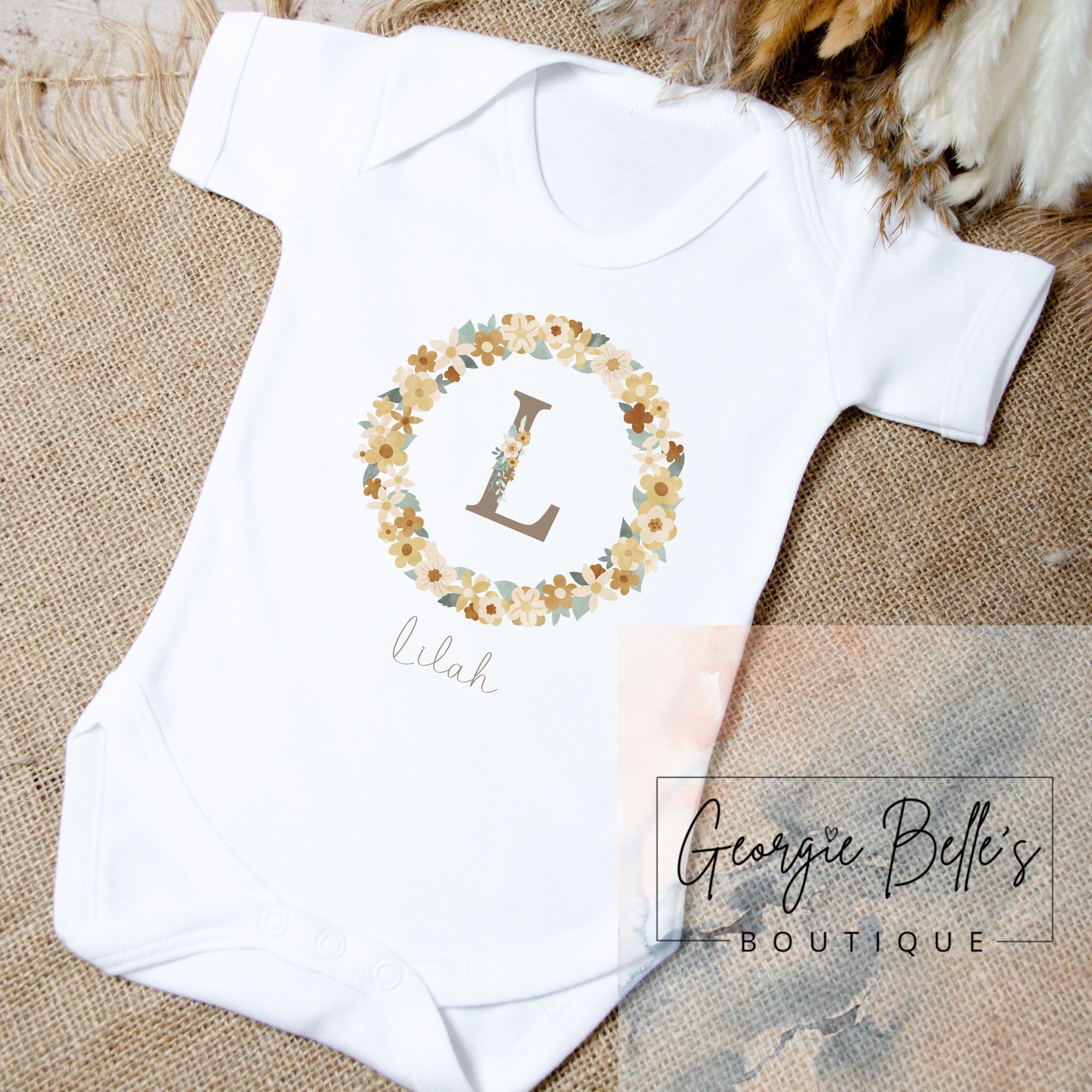 Personalised Vest / Babygrow - Gold Flower Wreath Design