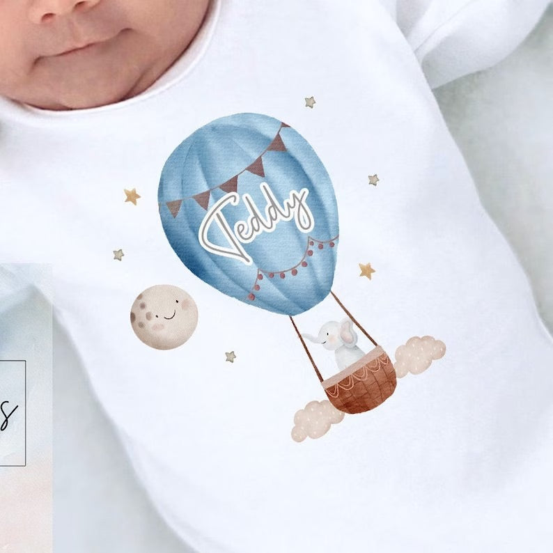 Personalised Vest/Babygrow - Elephant Hot Air Balloon Design