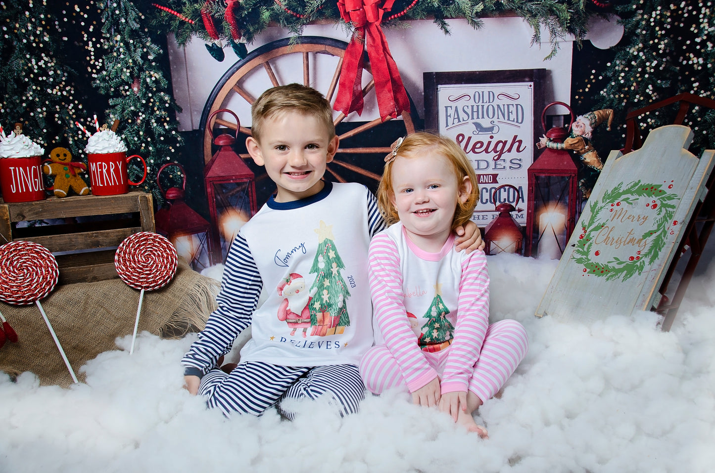Sibling Matching Pink ‘Believes’ Personalised Christmas Pyjamas