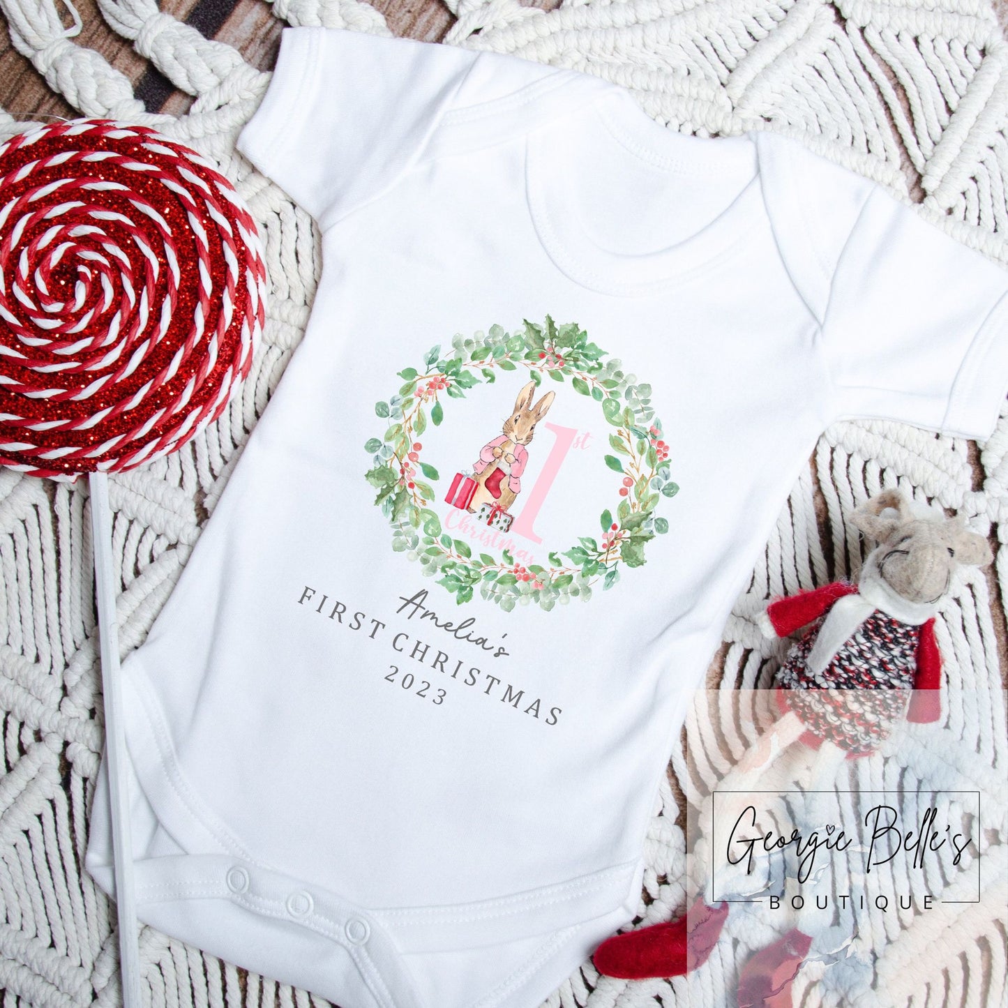 My 1st Christmas Vest / Babygrow - Pink Peter Rabbit Inspired Design