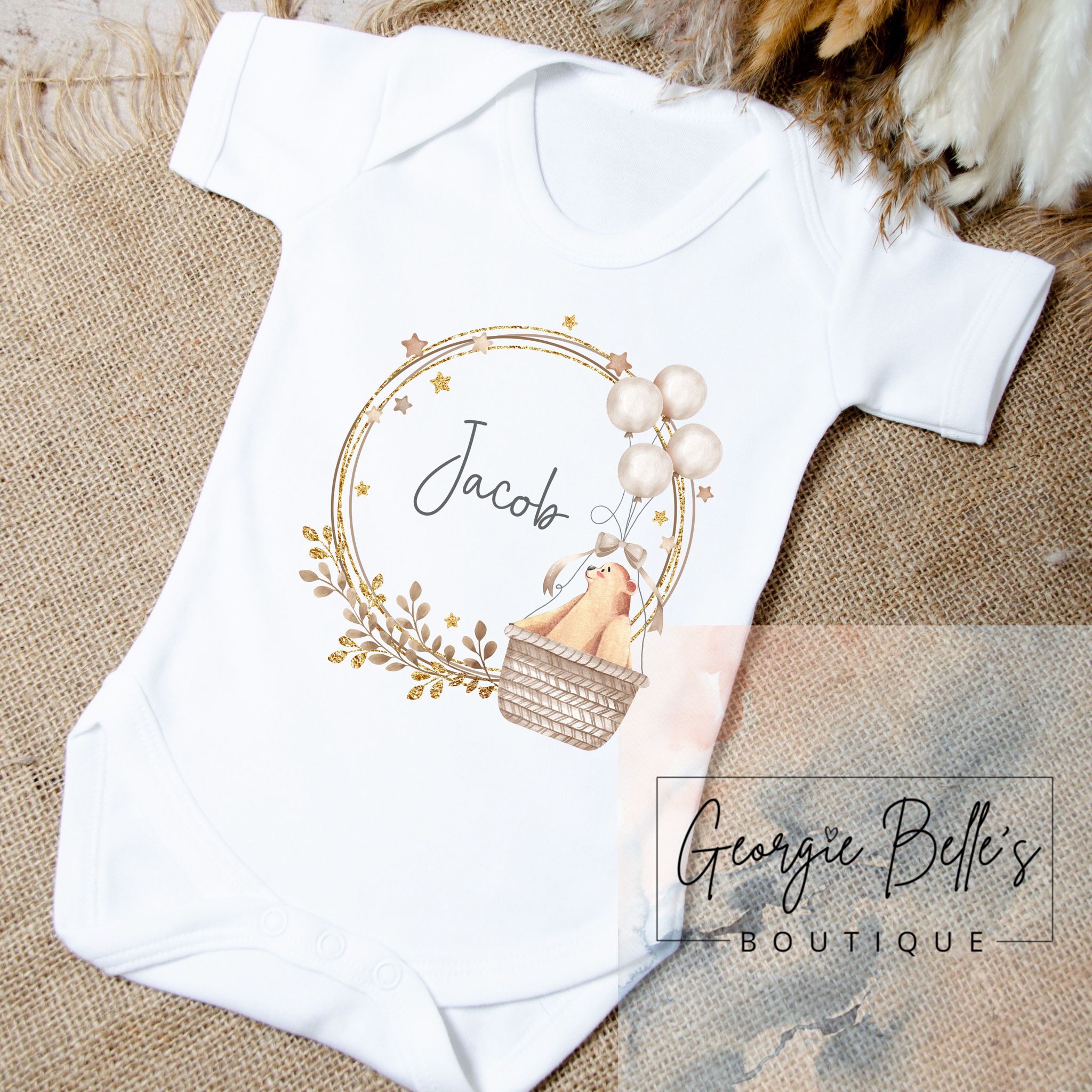 Personalised Vest / Babygrow - Gold/Nude Hot Air Balloon Design