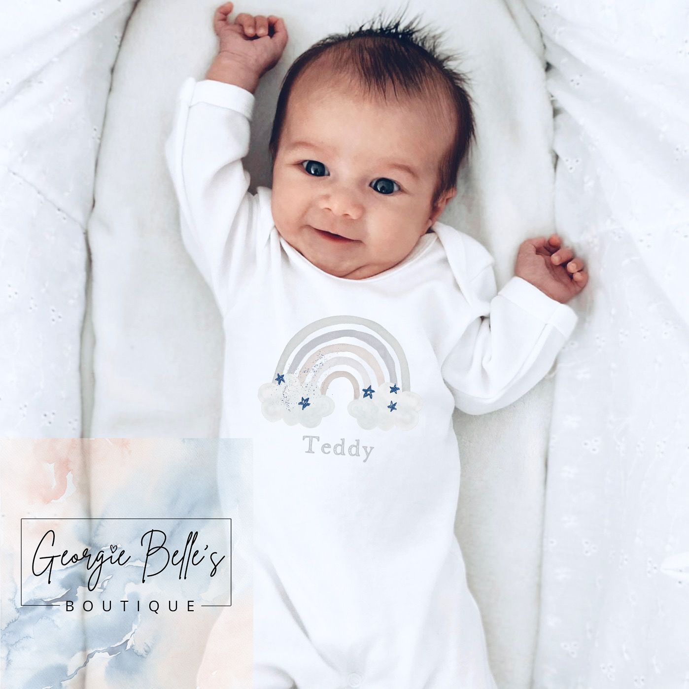 Personalised Vest/Babygrow - Blue & Grey Rainbow Design