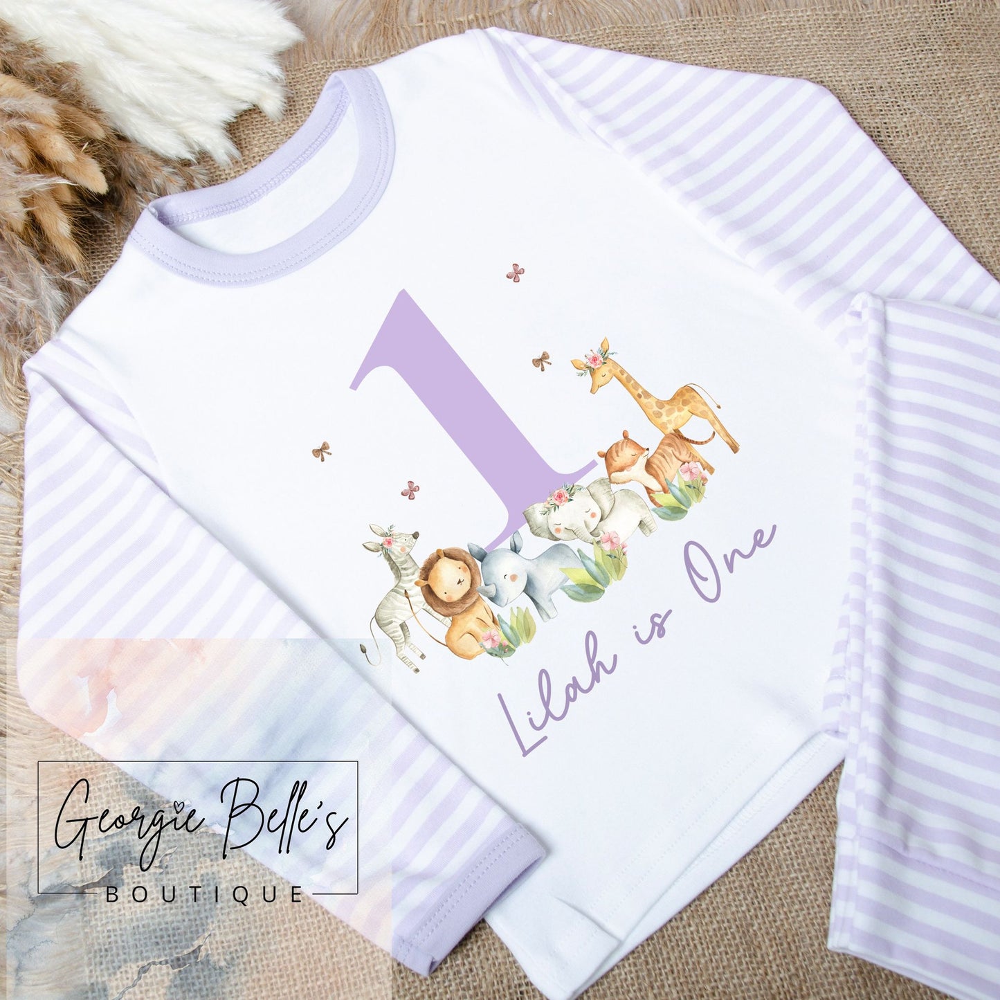 Personalised Birthday Pyjamas - Lilac ‘Is One’ Safari Design