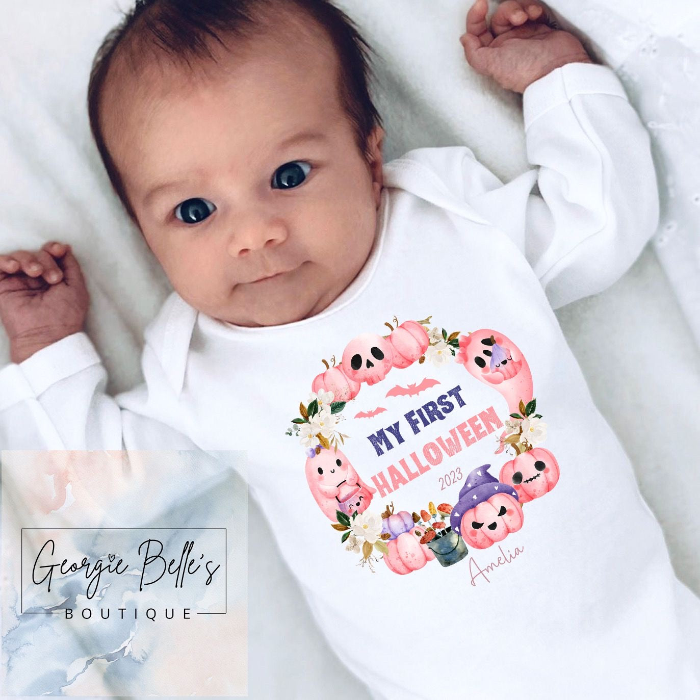 My 1st Halloween Vest / Babygrow - Pink Wreath Design