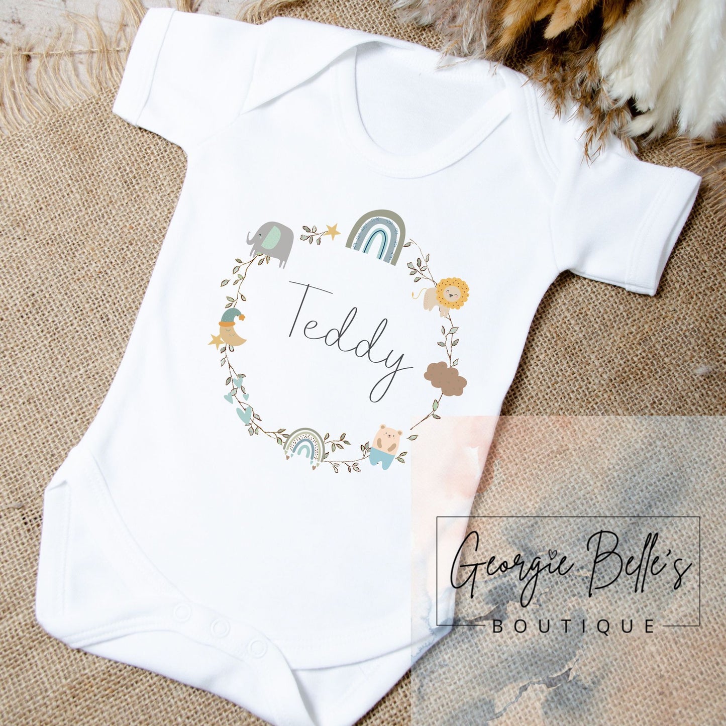 Personalised Vest/Babygrow - Boys Rainbow & Animal Wreath Design
