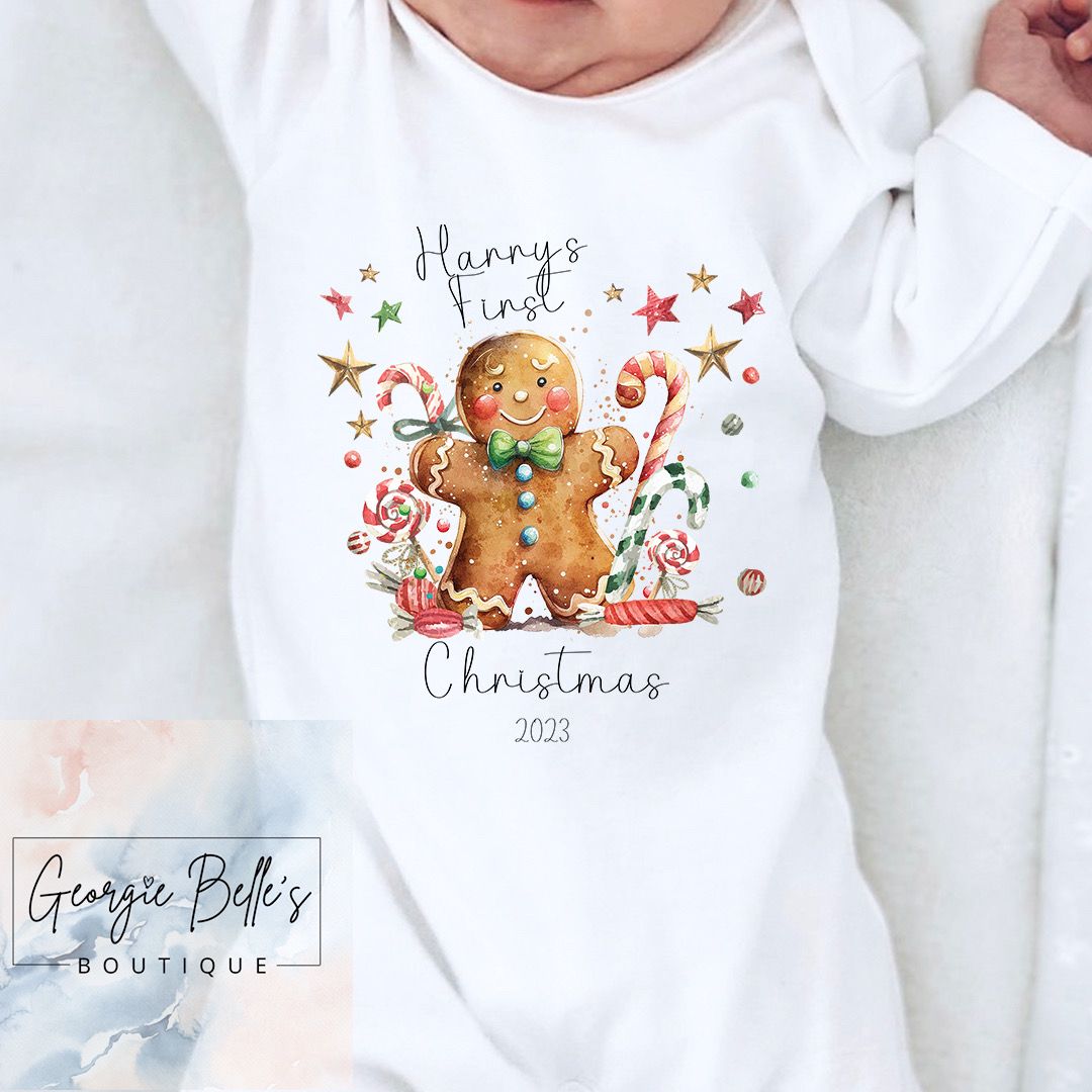My 1st Christmas Personalised Vest / Babygrow - Gingerbread Design