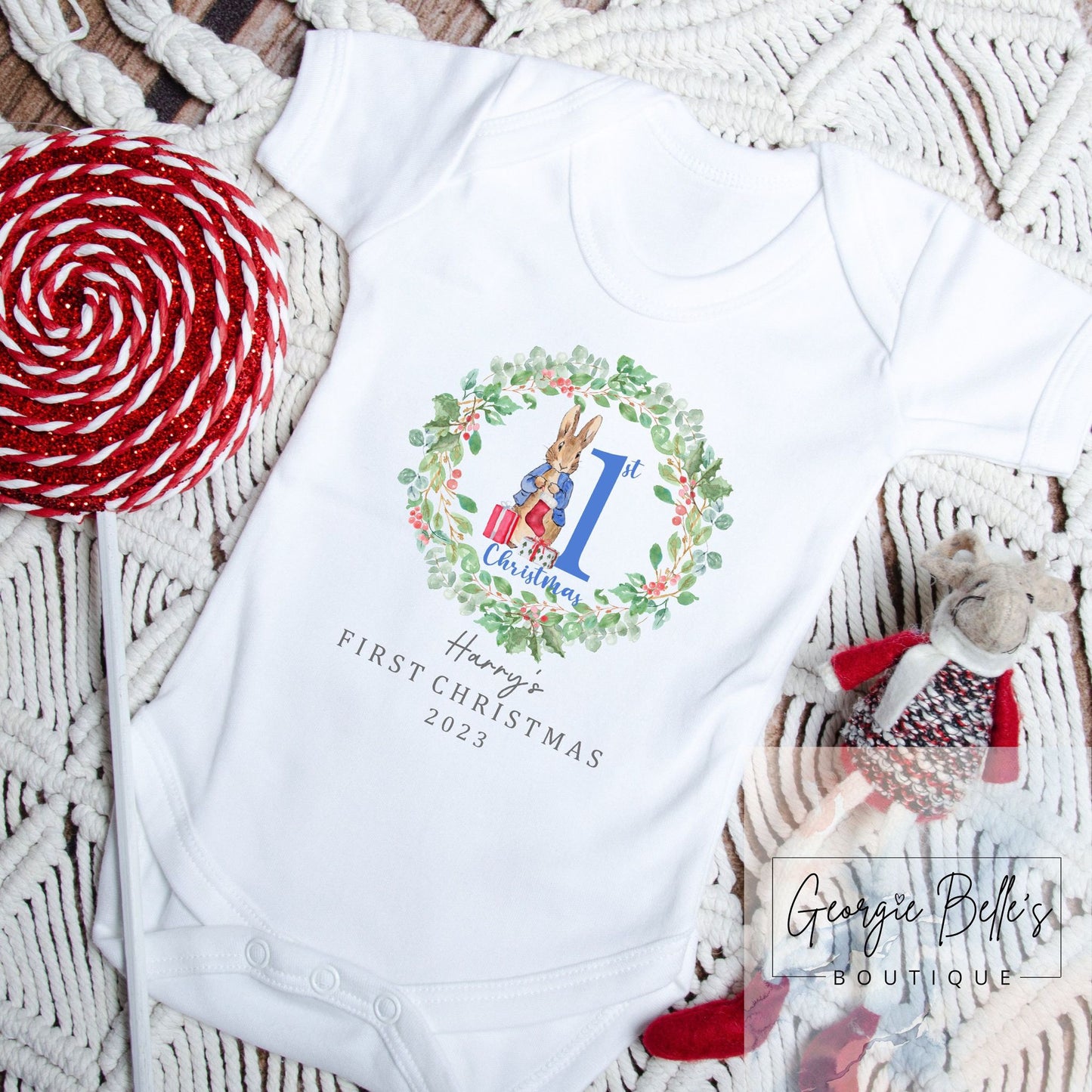 My 1st Christmas Vest / Babygrow - Blue Peter Rabbit Inspired Design