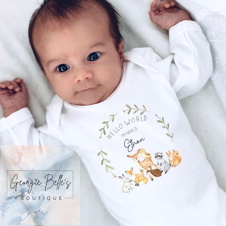 Personalised Vest/Babygrow - ‘Hello World’ Woodland Design
