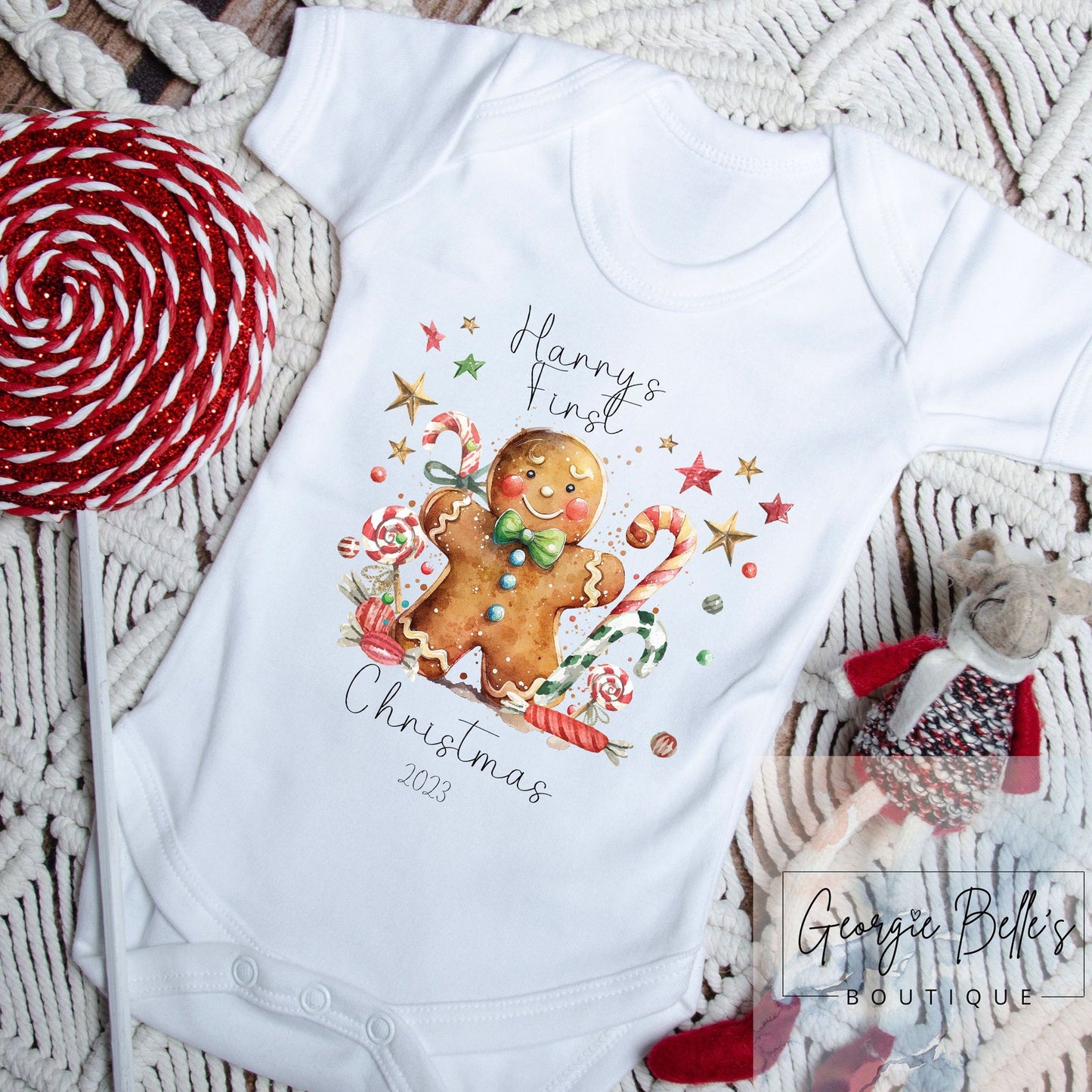 My 1st Christmas Personalised Vest / Babygrow - Gingerbread Design