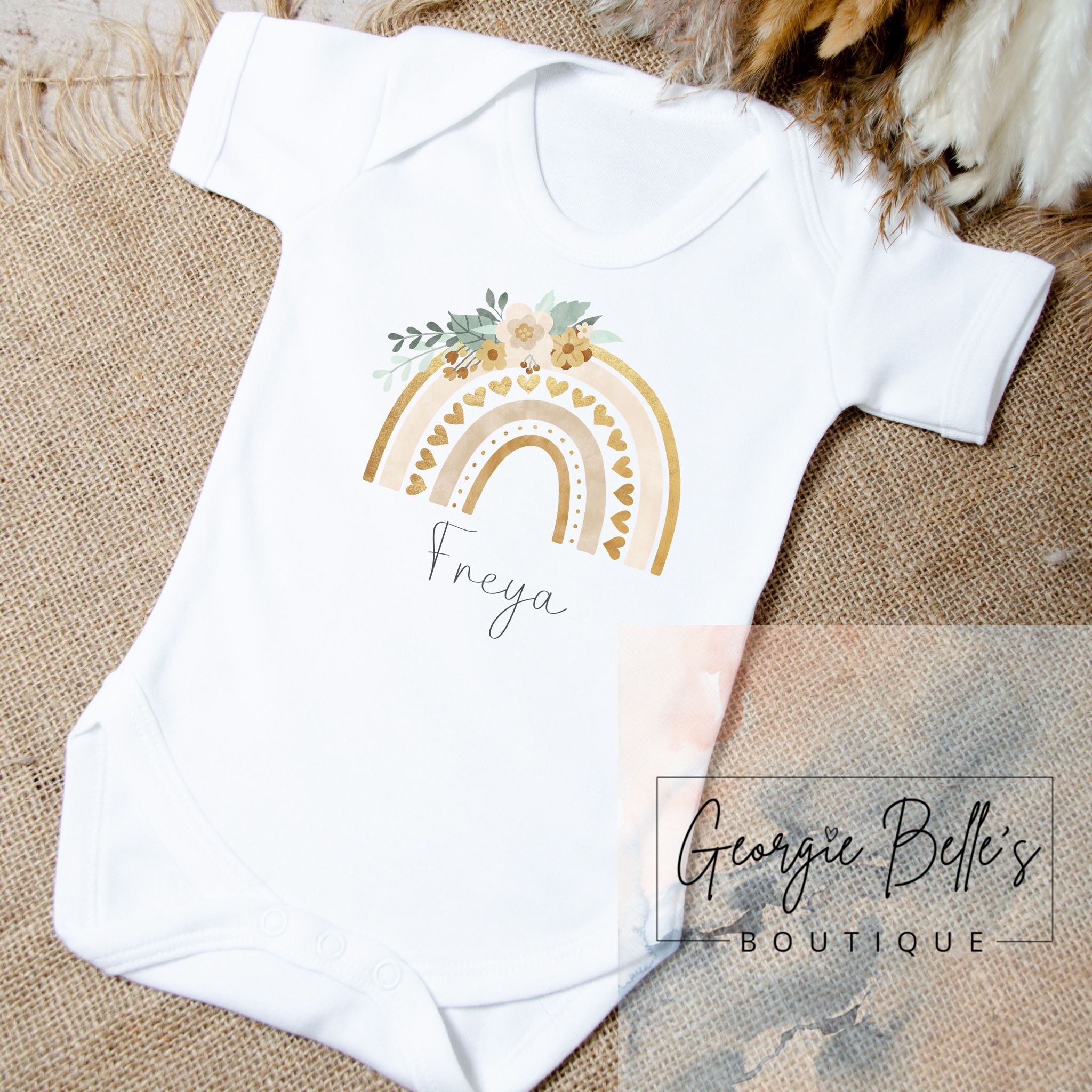 Personalised Vest / Babygrow - Gold Floral Rainbow Design