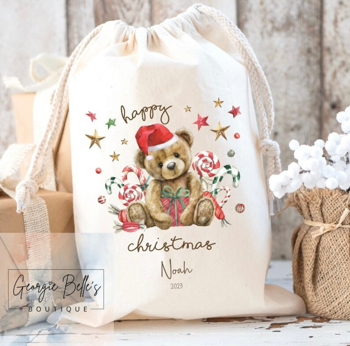 Luxury Premium Cotton Christmas Sack- Teddy Design