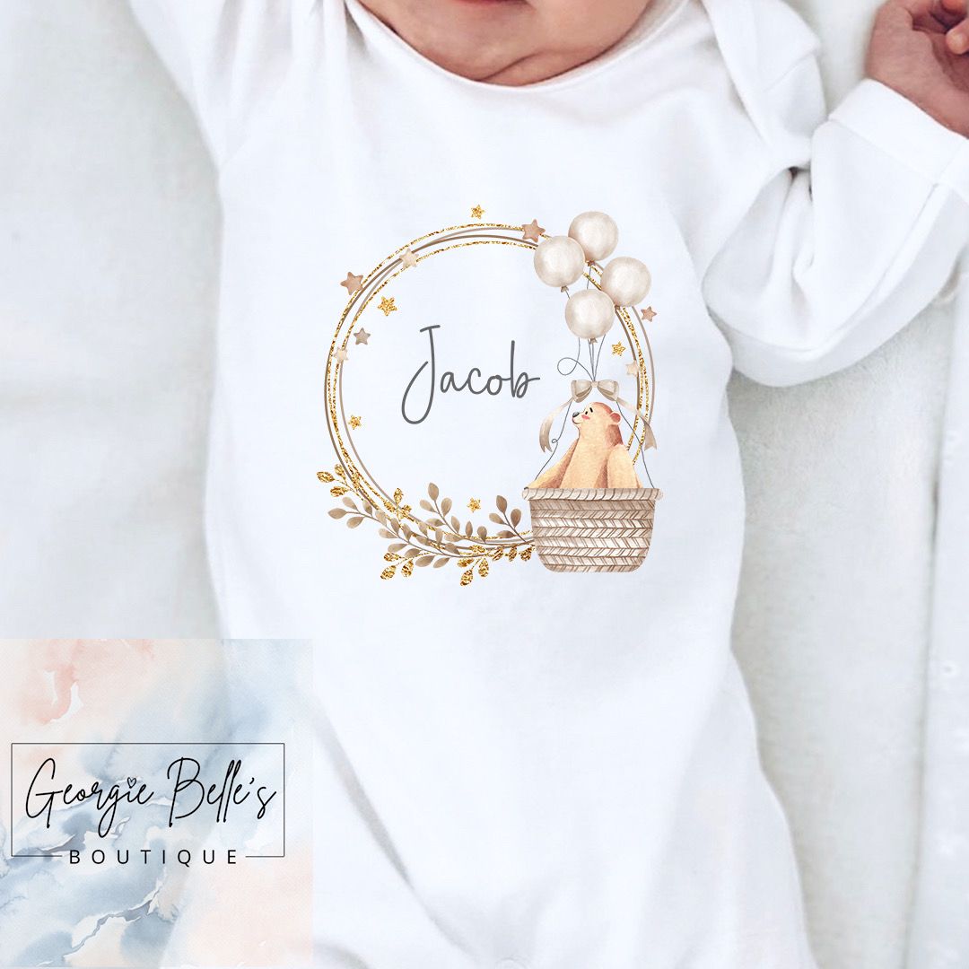 Personalised Vest / Babygrow - Gold/Nude Hot Air Balloon Design