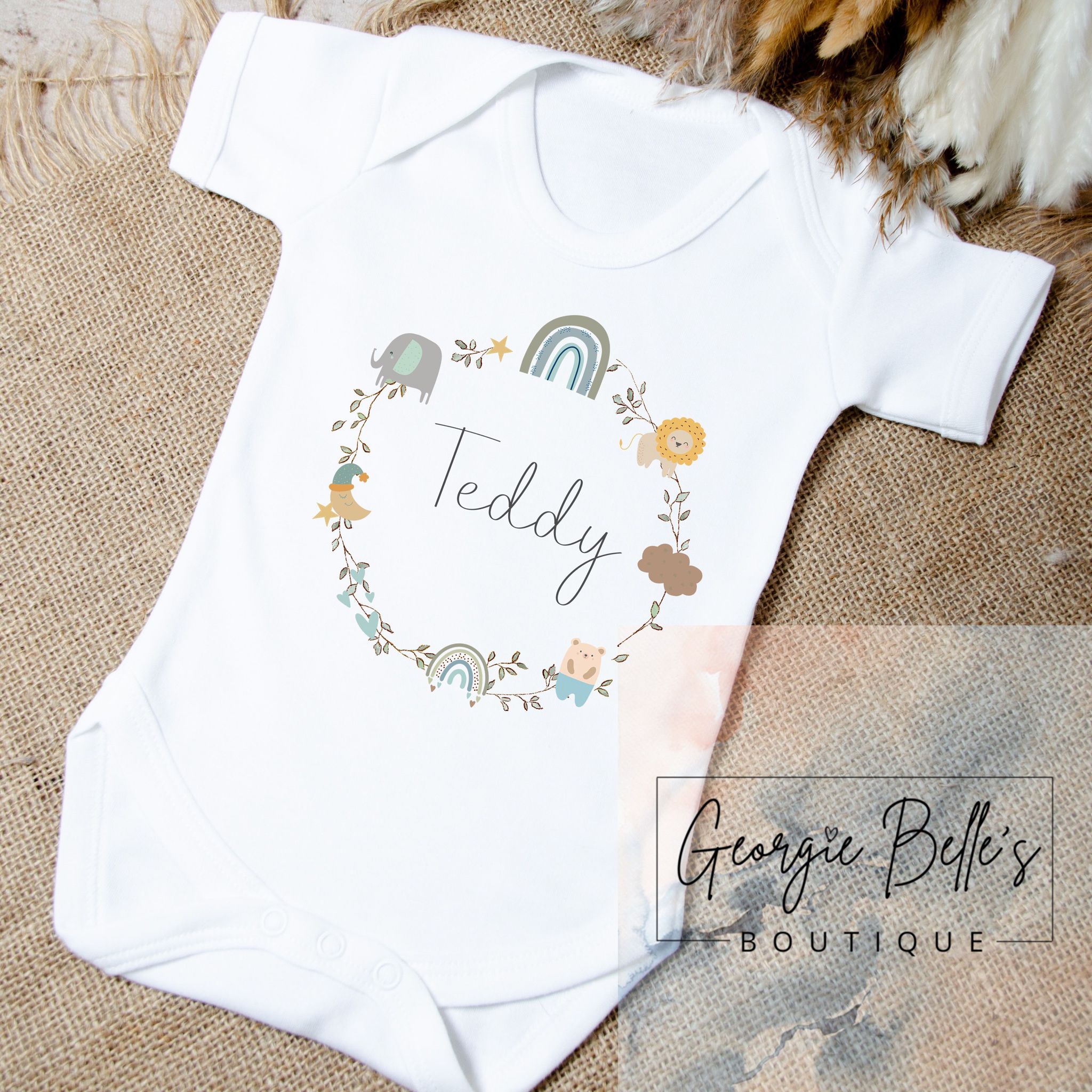 Personalised Vest / Babygrow - Grey Safari Wreath Design