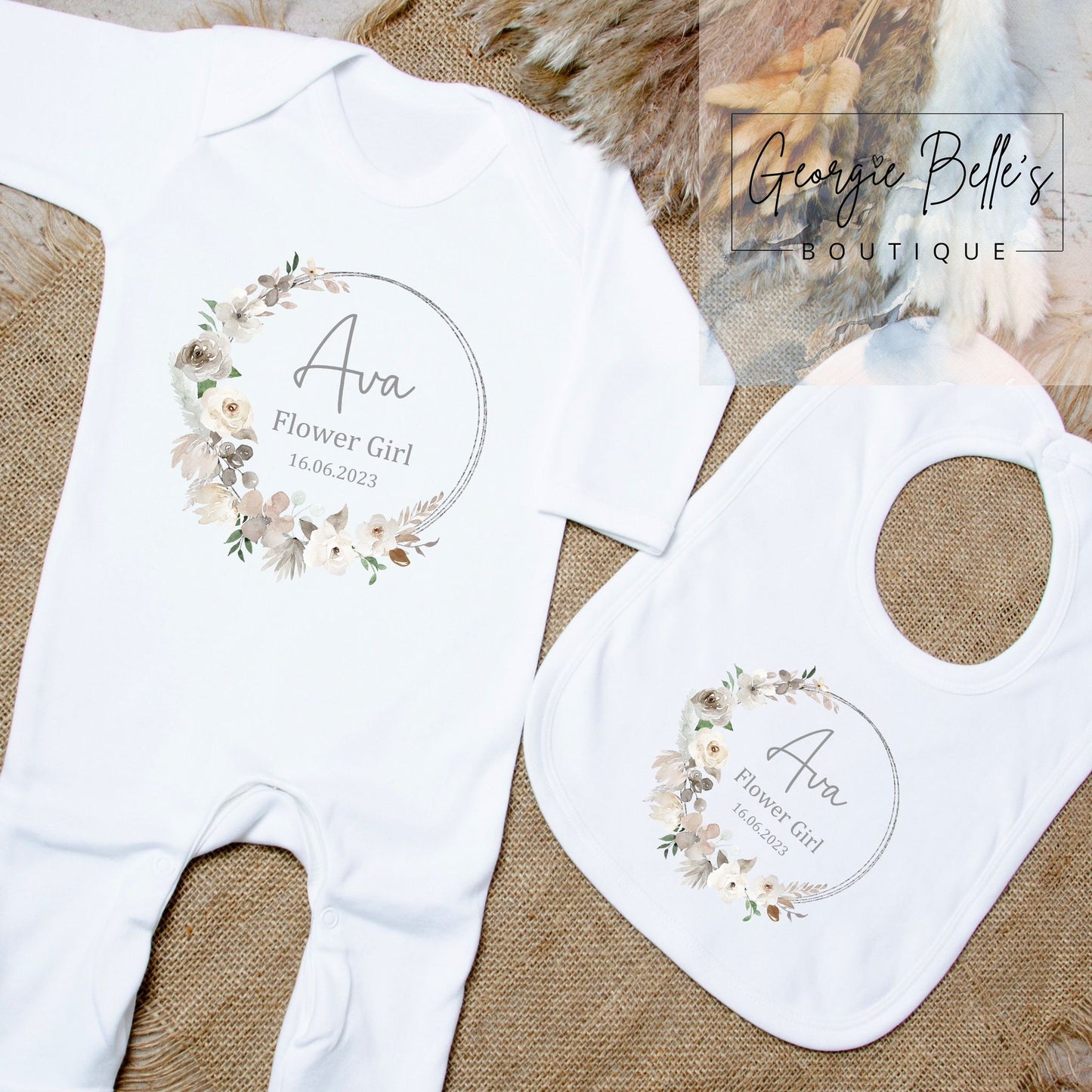 Personalised Flower Girl Champagne Wreath Vest/Babygrow