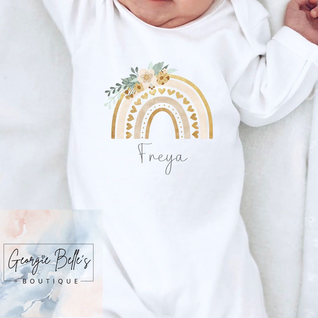 Personalised Vest/Babygrow -Gold Floral Rainbow Design