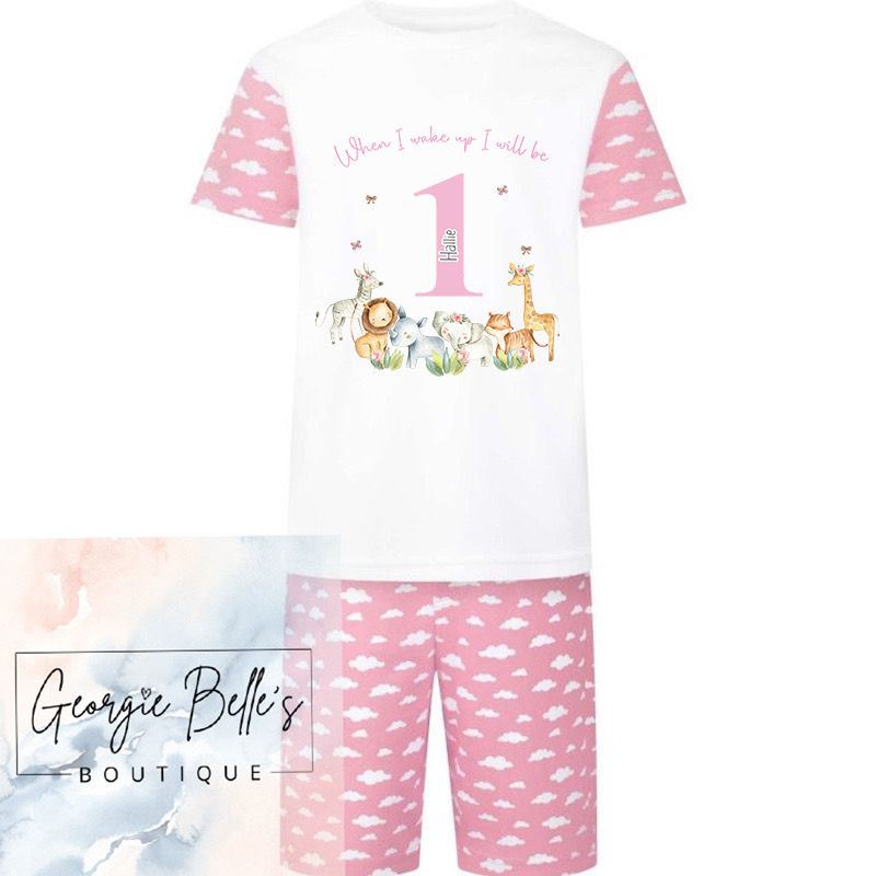 Pink Cloud Print Short PJ Set- Safari Design