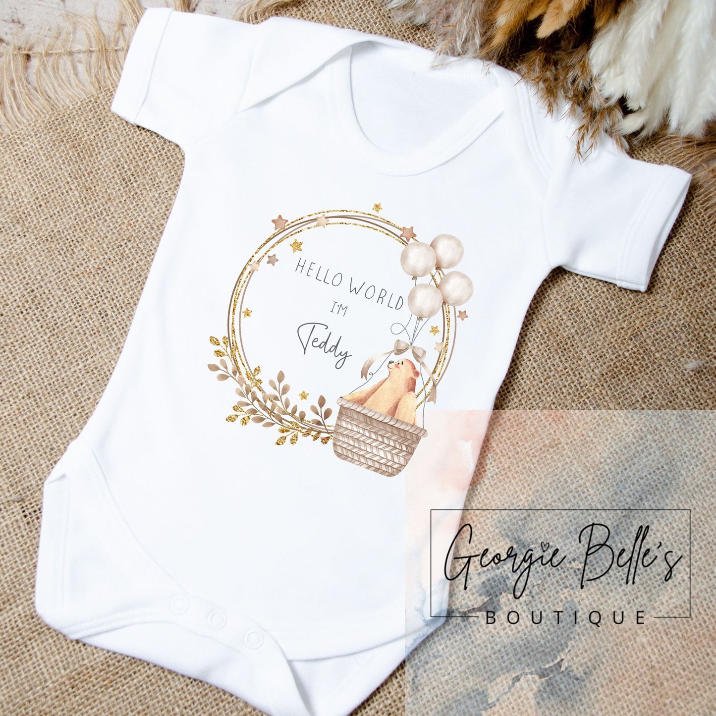 Personalised Vest/Babygrow - ‘Hello World’ Nude Hot Air Balloon Design