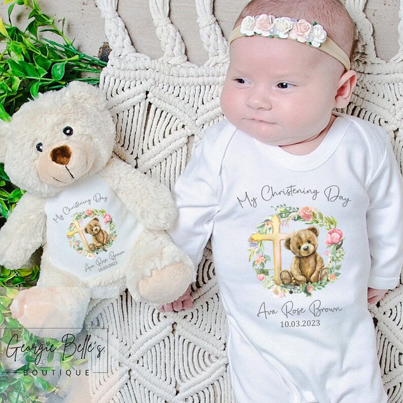 Personalised Christening Vest/Babygrow - Bear Wreath Design