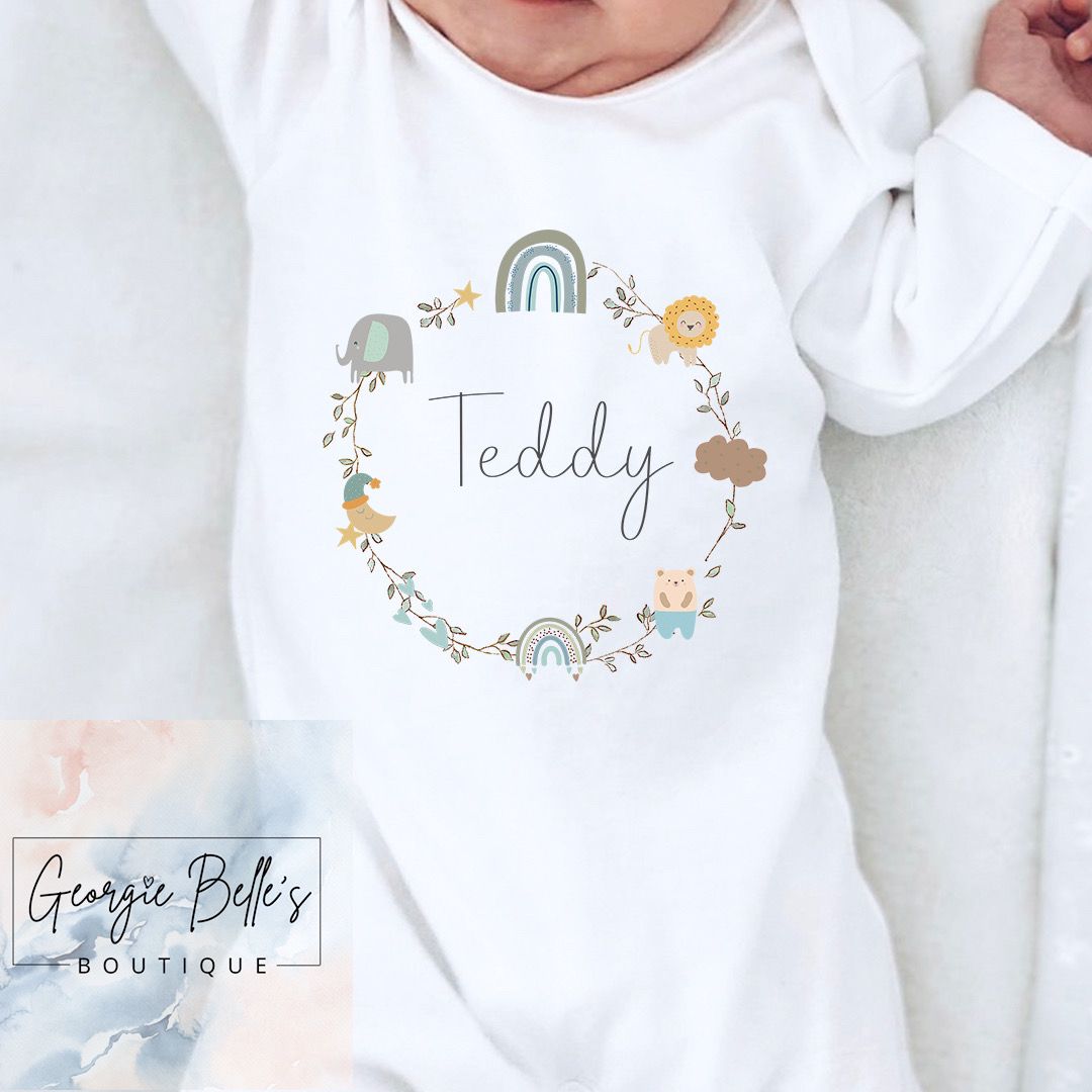 Personalised Vest / Babygrow - Grey Safari Wreath Design