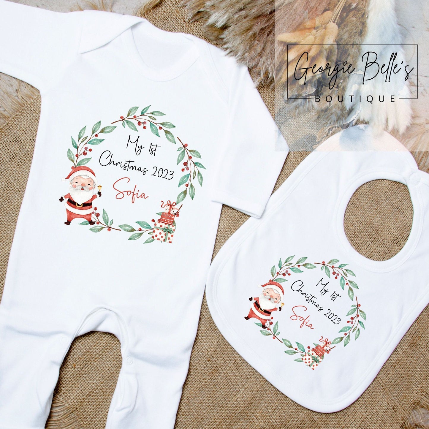 My 1st Christmas Vest / Babygrow - Santa Wreath Design
