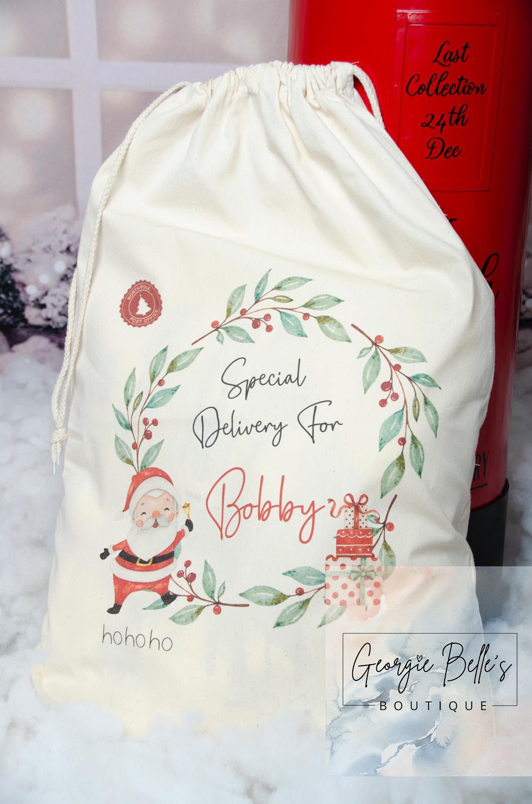 Luxury Personalised Premium Cotton Christmas Sack - Santa Wreath Design