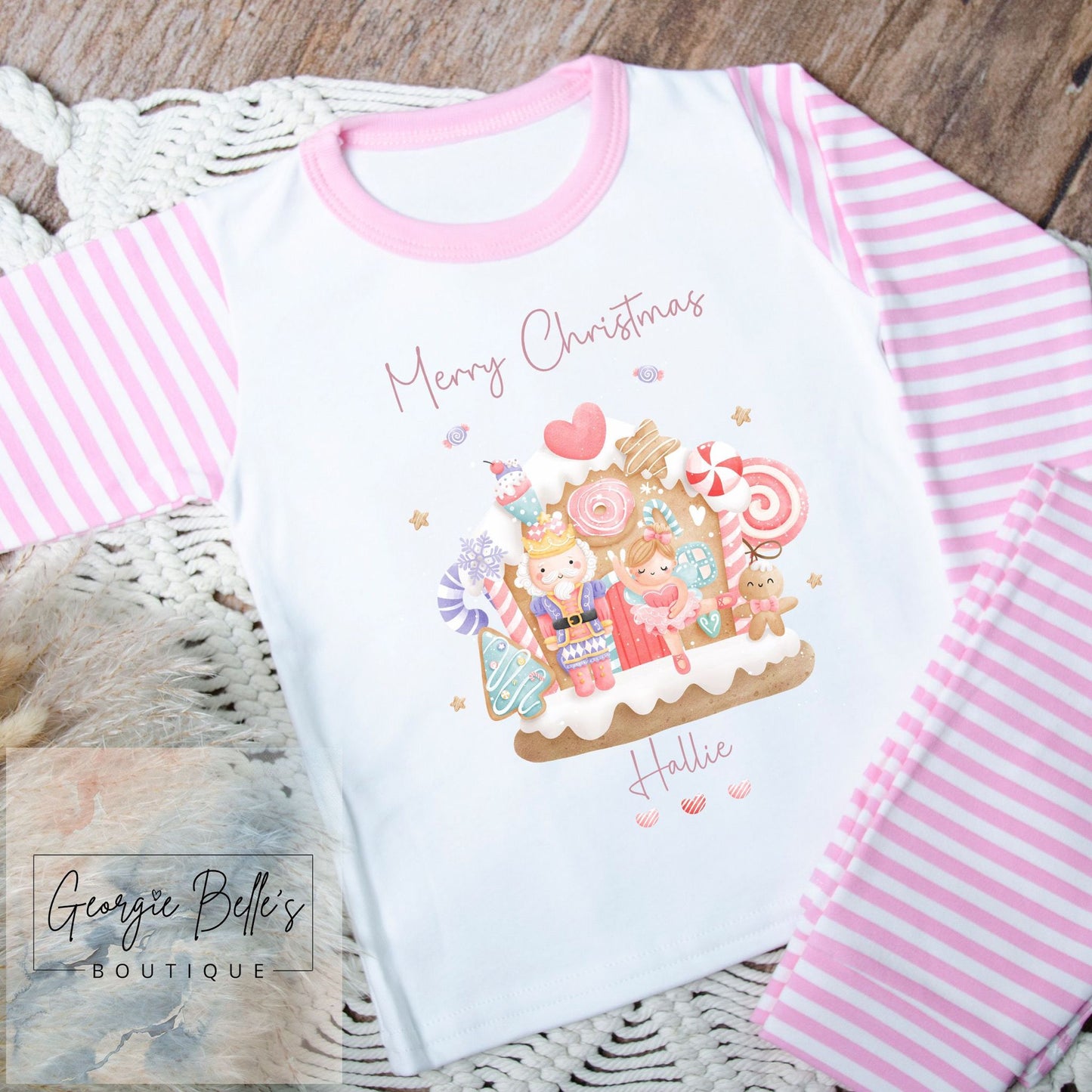 Personalised Christmas Pyjamas - Pink Nutcracker Gingerbread House Design