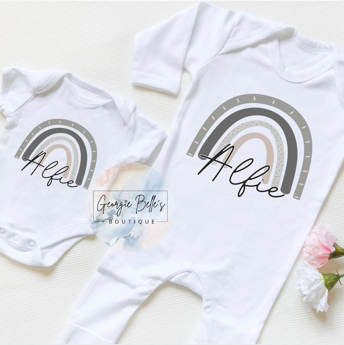 Grey/ Neutral Rainbow Personalised Vest / Babygrow / Sleepsuit