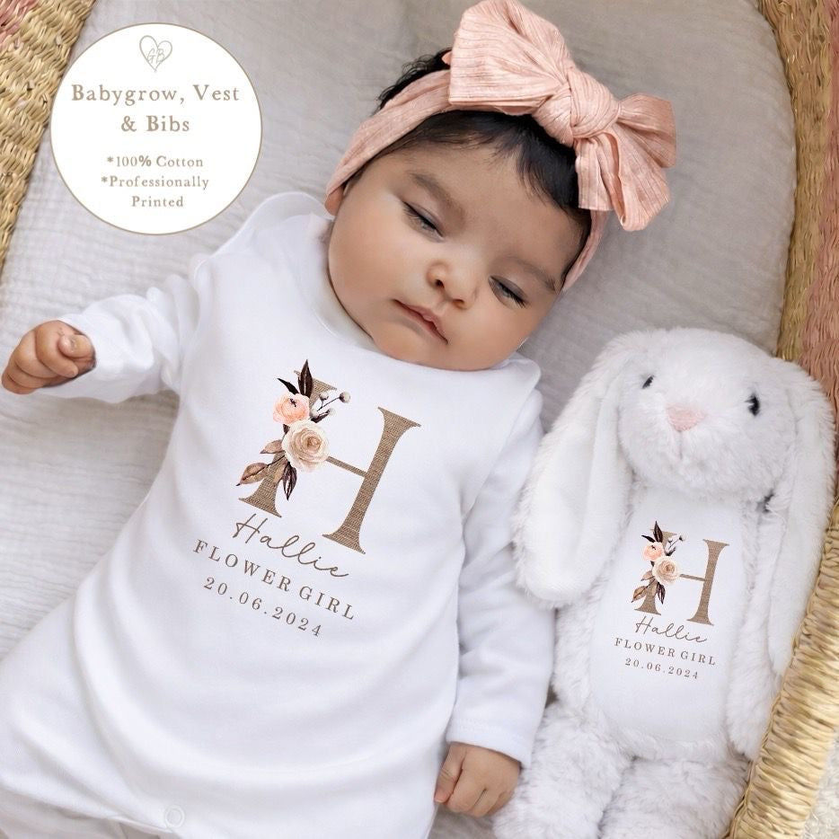 Personalised Flower Girl Babygrow / Short Sleeve Vest - Linen Initial Design