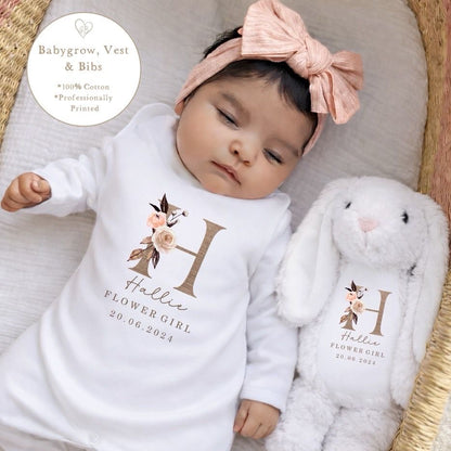 Personalised Flower Girl Babygrow / Short Sleeve Vest - Linen Initial Design