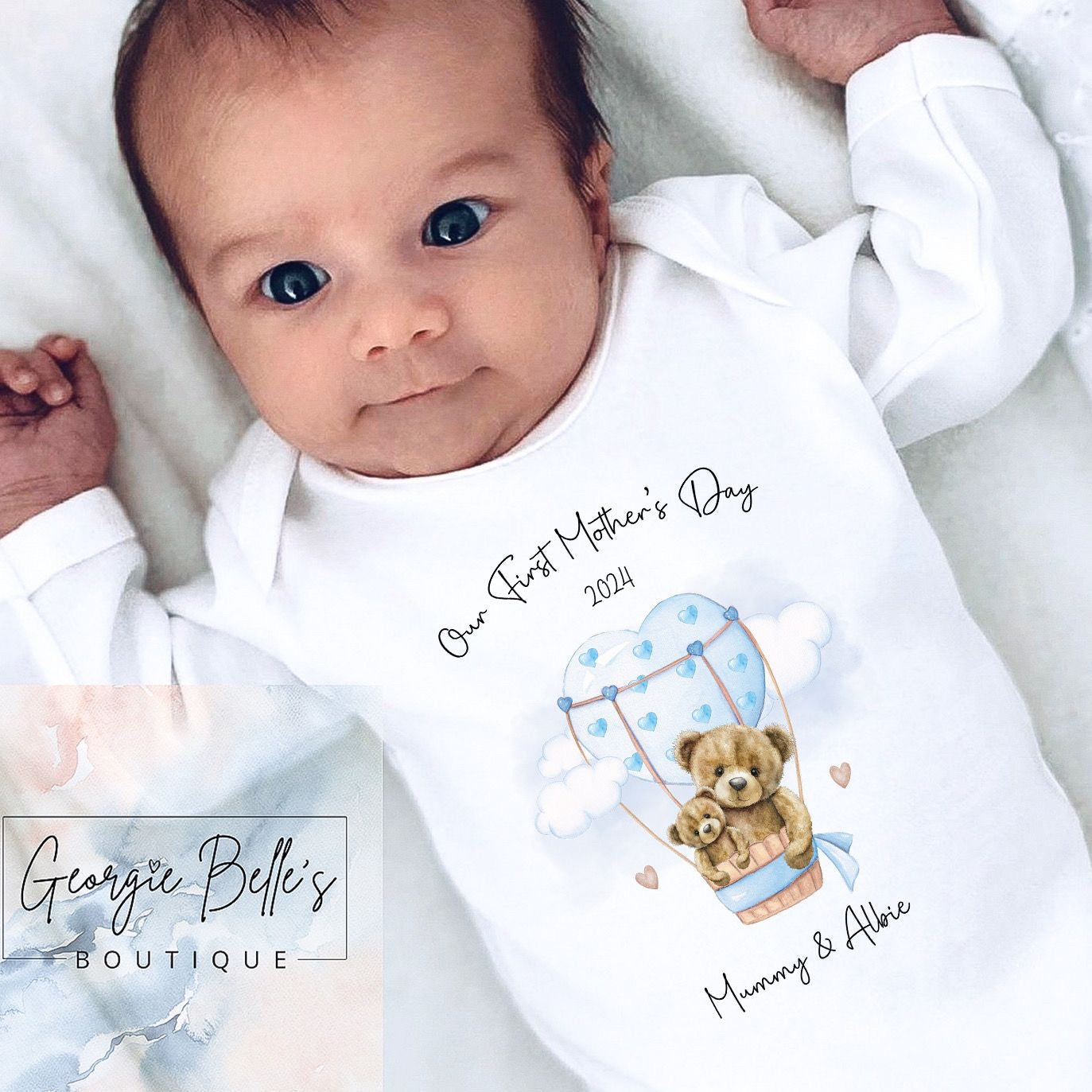 Mothers Day Personalised Vest / Babygrow - Blue Hot Air Balloon Design
