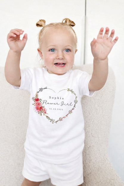 Personalised Flower Girl Short Set Pyjamas - Heart Wreath Design