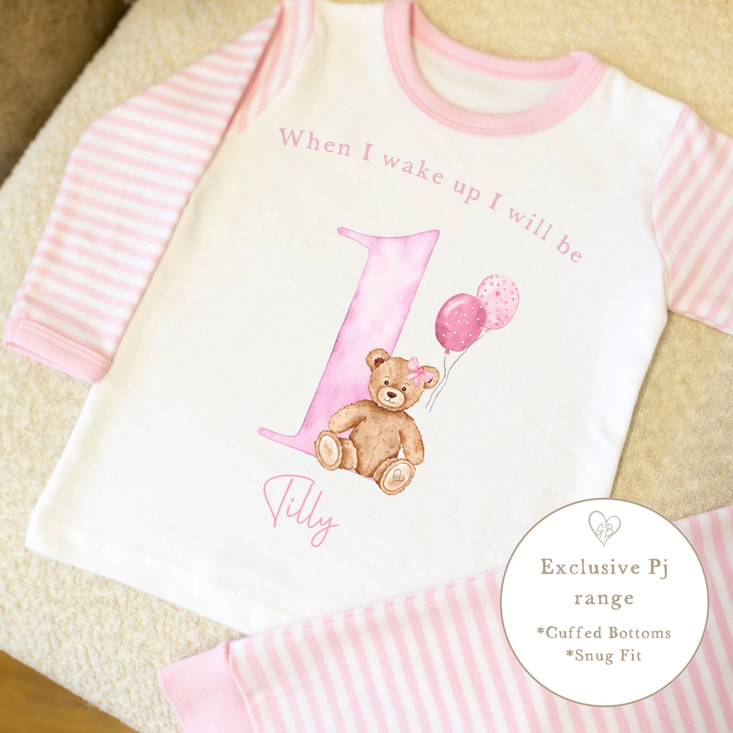 Pink &amp; White Striped Personalised Birthday Pyjamas - Pink Bear Design