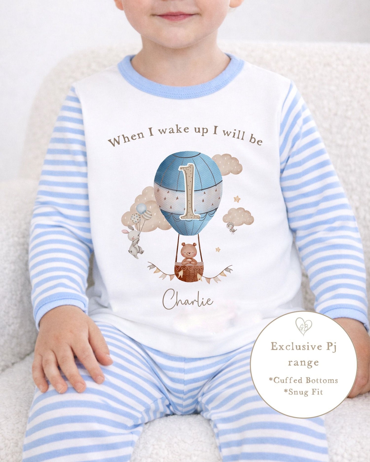 Personalised Blue Stripe Birthday Pyjamas - Hot Air Balloon Design
