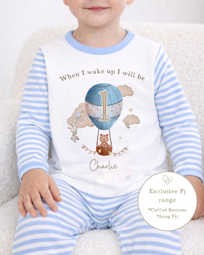 Personalised Blue Stripe Birthday Pyjamas - Hot Air Balloon Design
