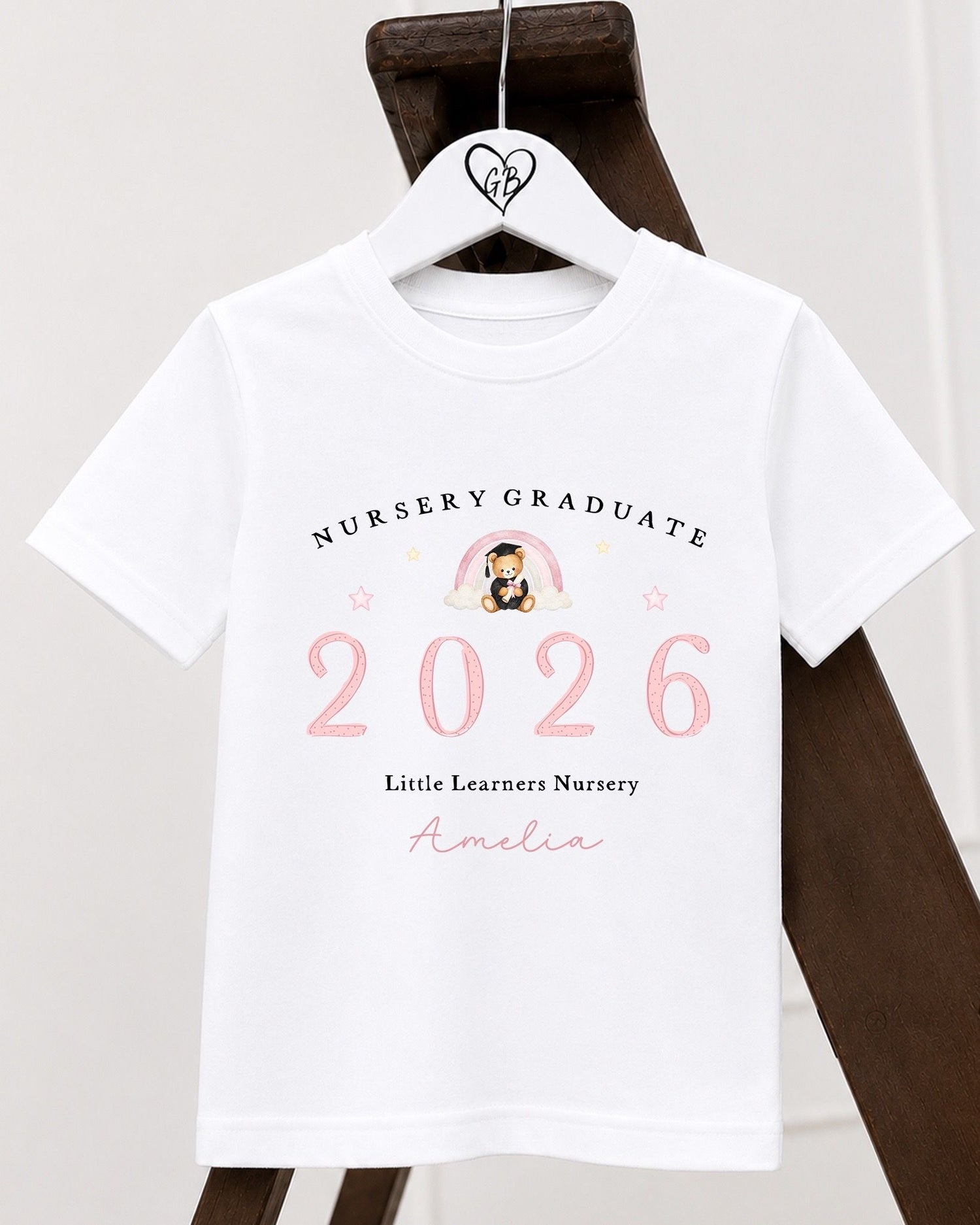 Personalised Nursery Graduate T-Shirt- Pink Rainbow Bear